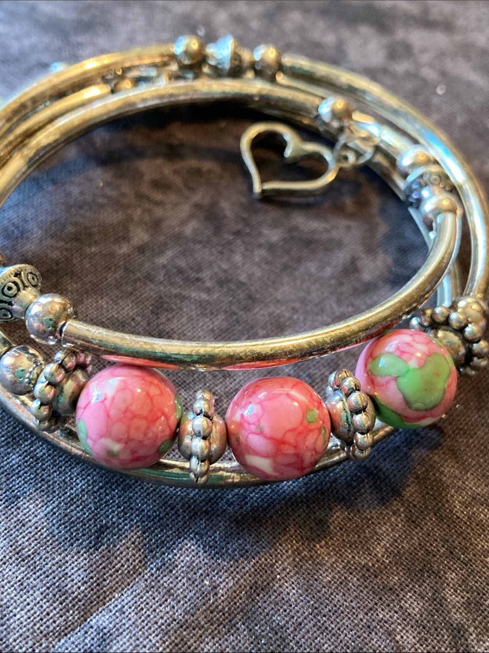 Handcrafted Pink Green Beaded Silver Bangle Bracelet